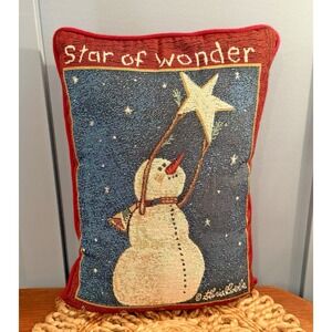 Snowman Star of Wonder Tapestry Pillow Folk Art Winter Lodge Decor 16x12